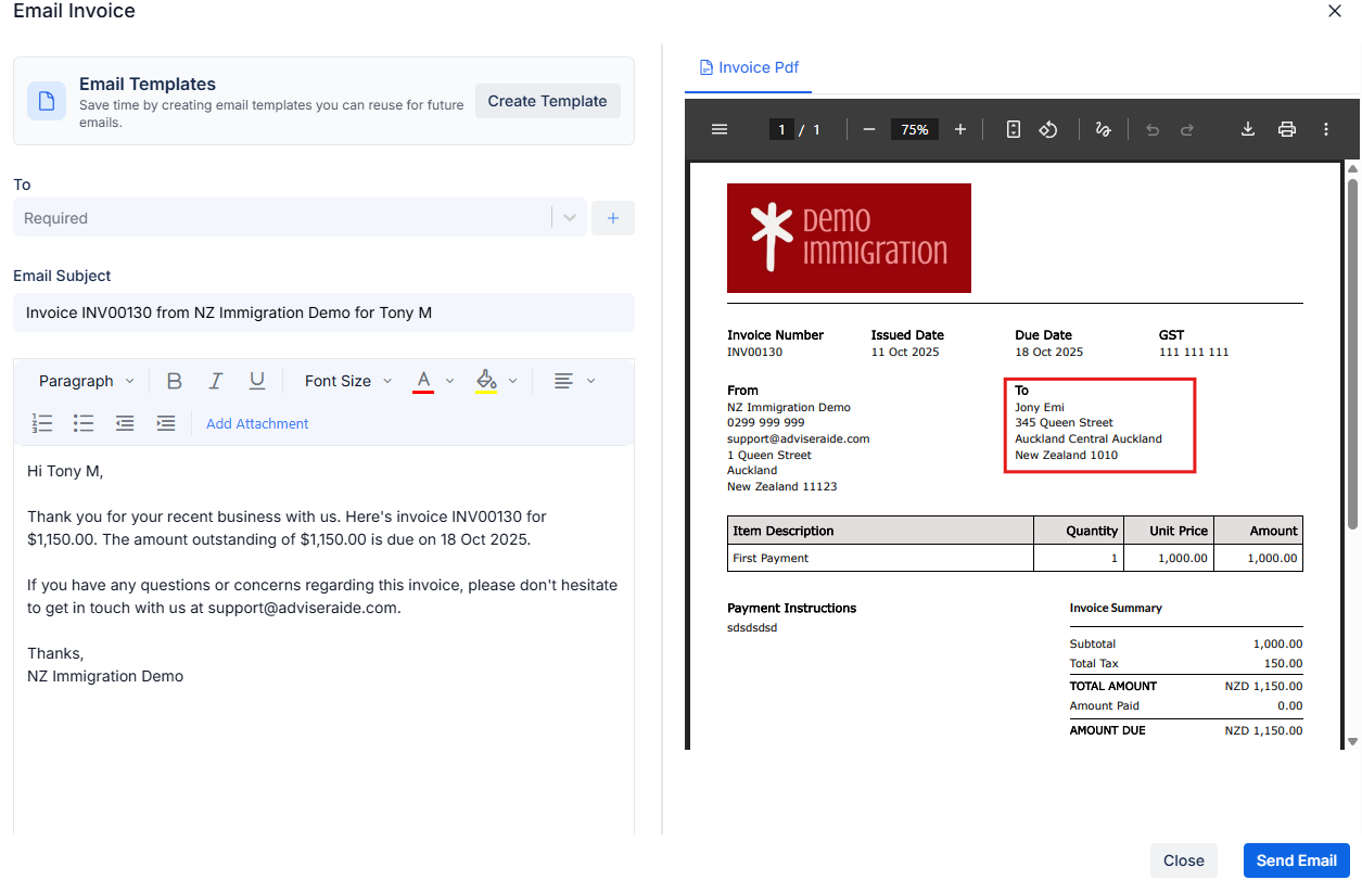 Email screen showing invoice to contact