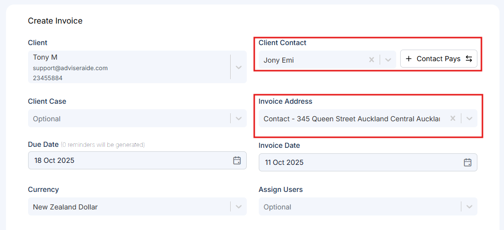 Client Contact dropdown on invoice