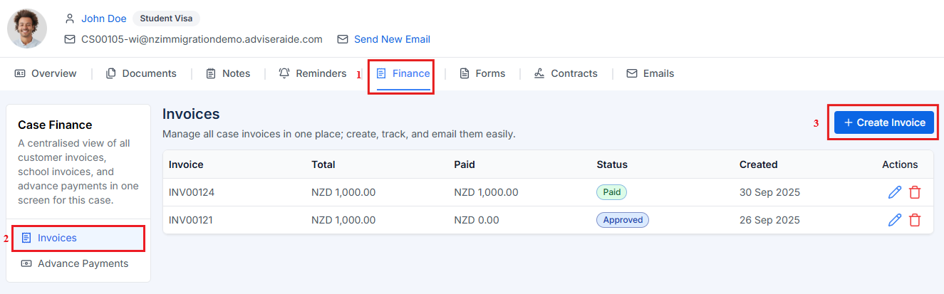 Create Invoice from Case Finance tab