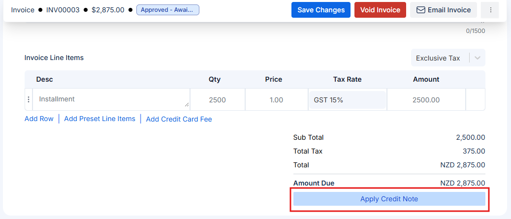 Add Credit Note button
