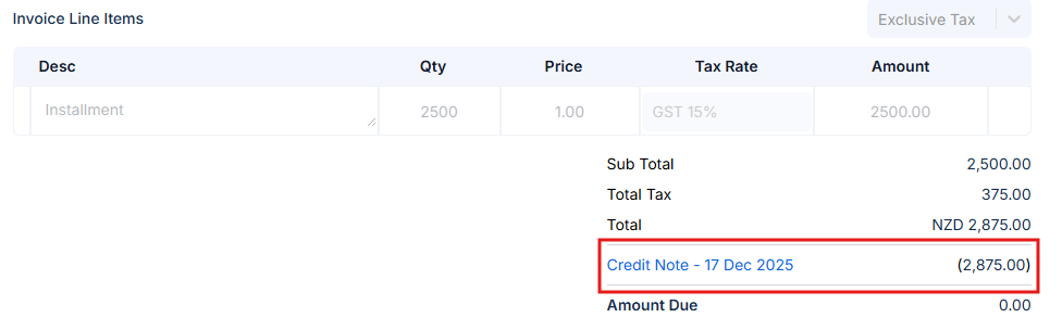 Invoice with credit note applied