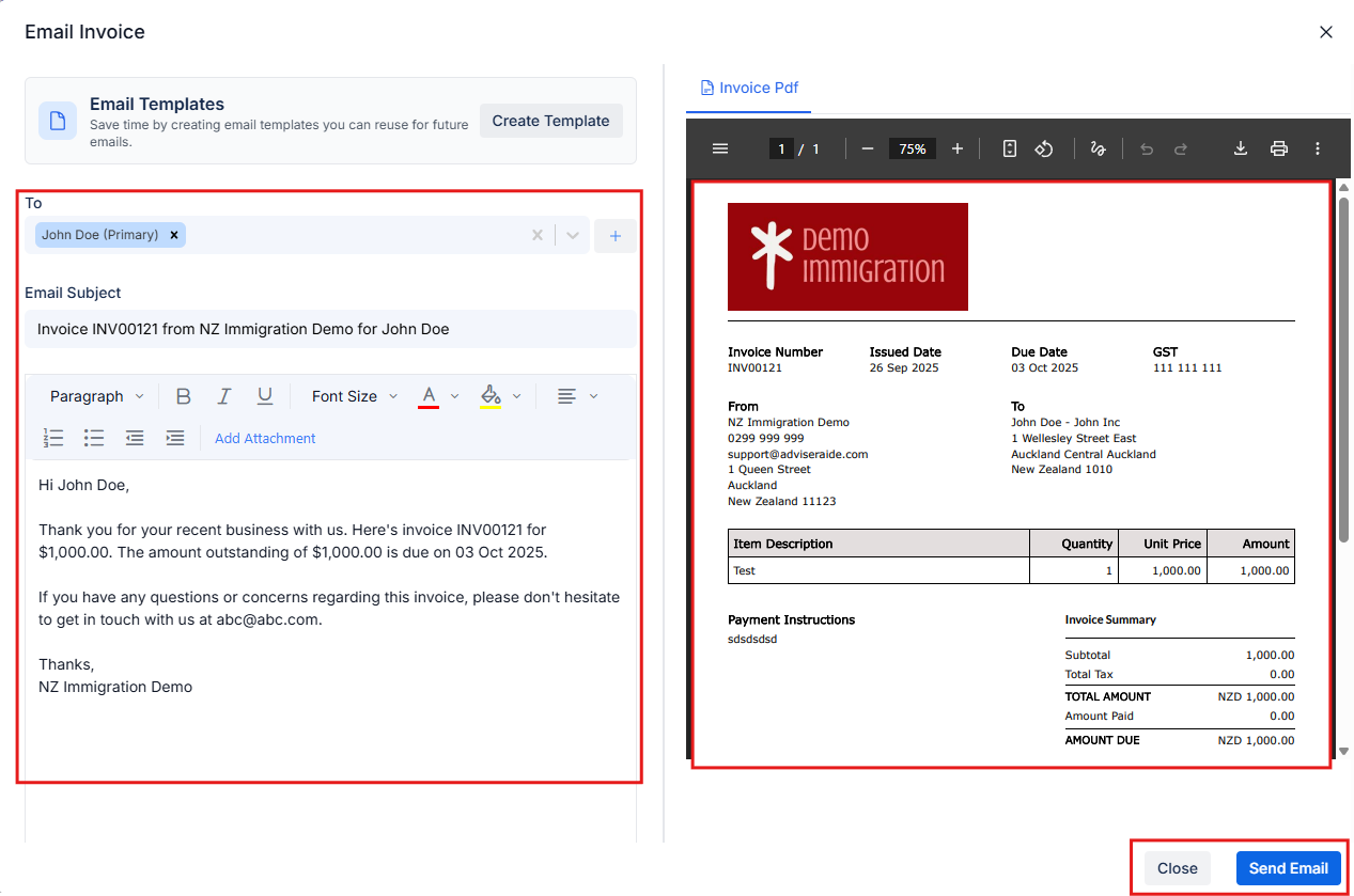 Email invoice to client