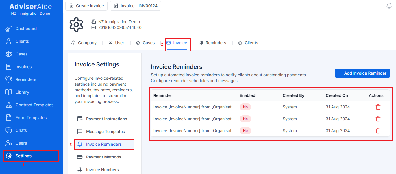Invoice Reminder Settings