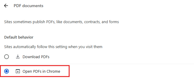 Open PDFs in Chrome toggle