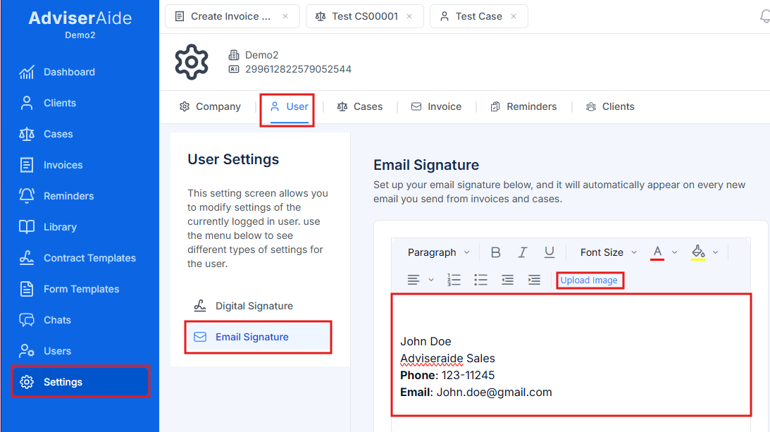 Email signature settings menu