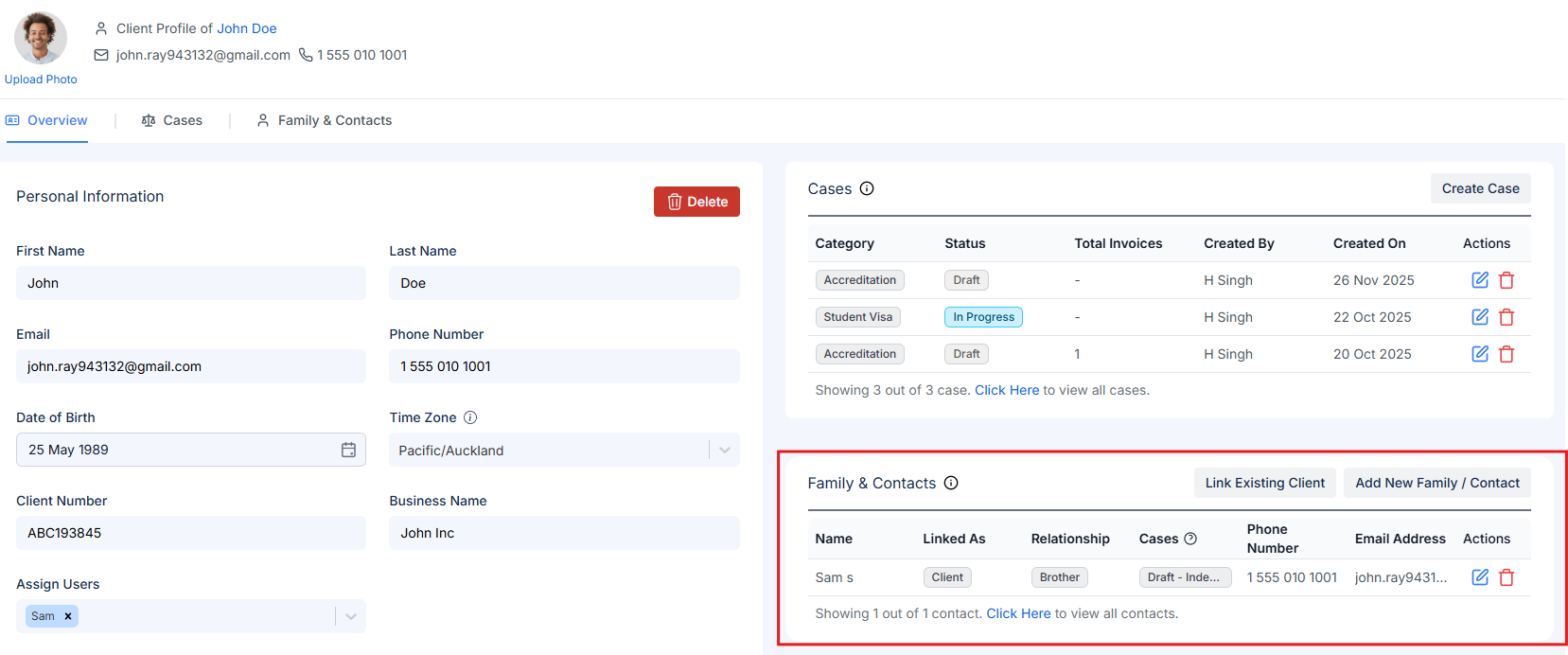 Family & Contacts Card