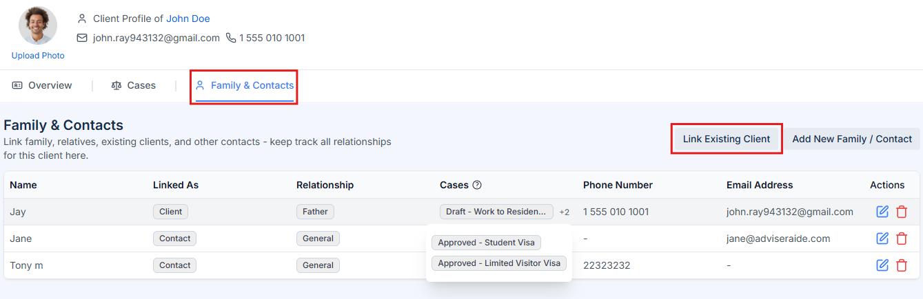 Family & Contacts Tab with Link Button