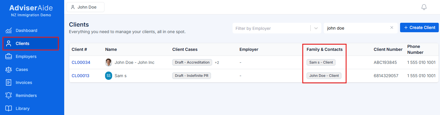 Client Search Page with Family & Contacts Column