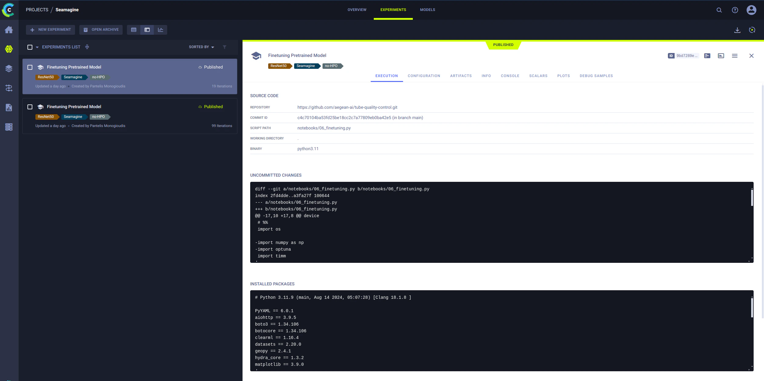 ClearML model execution screenshot