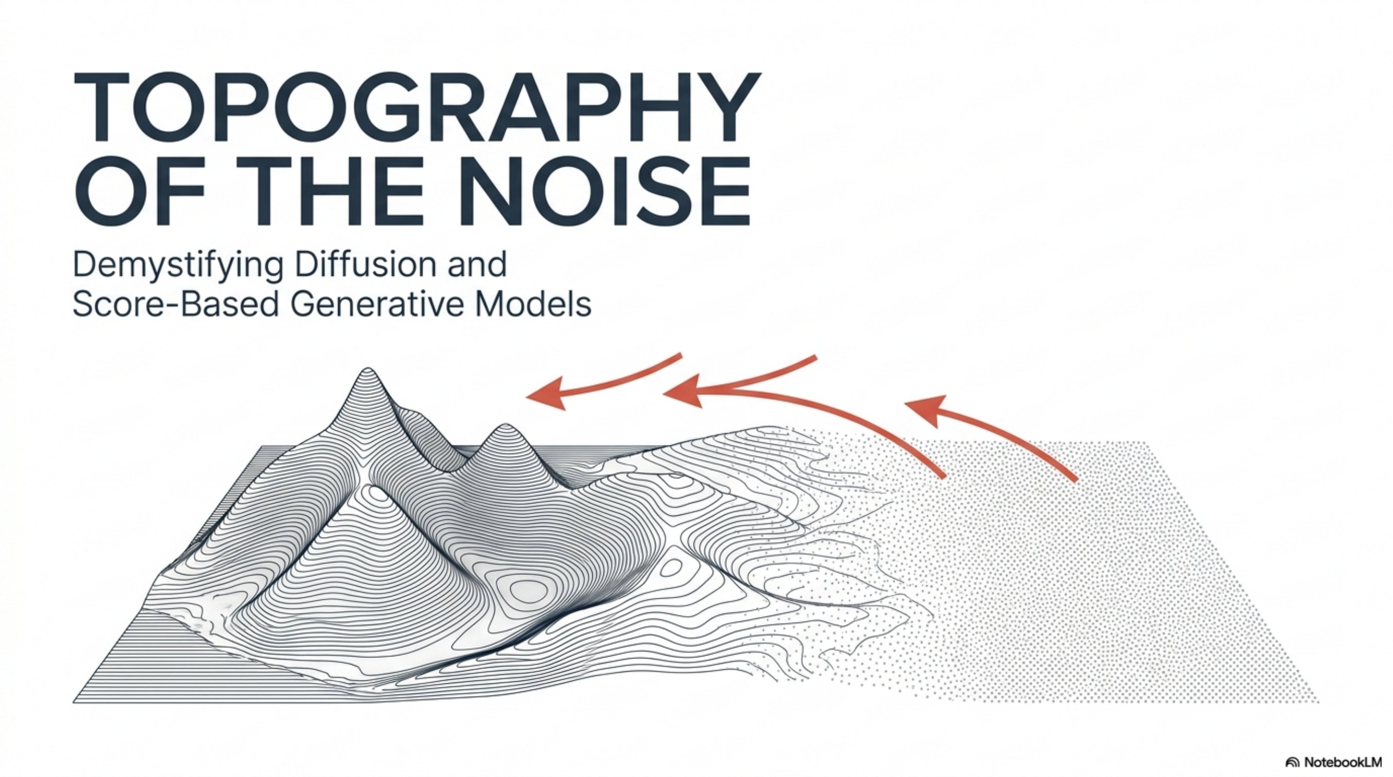 Topography of the Noise — title slide showing the reverse trajectory from a flat noise plain back to peaked probability mass over the data manifold