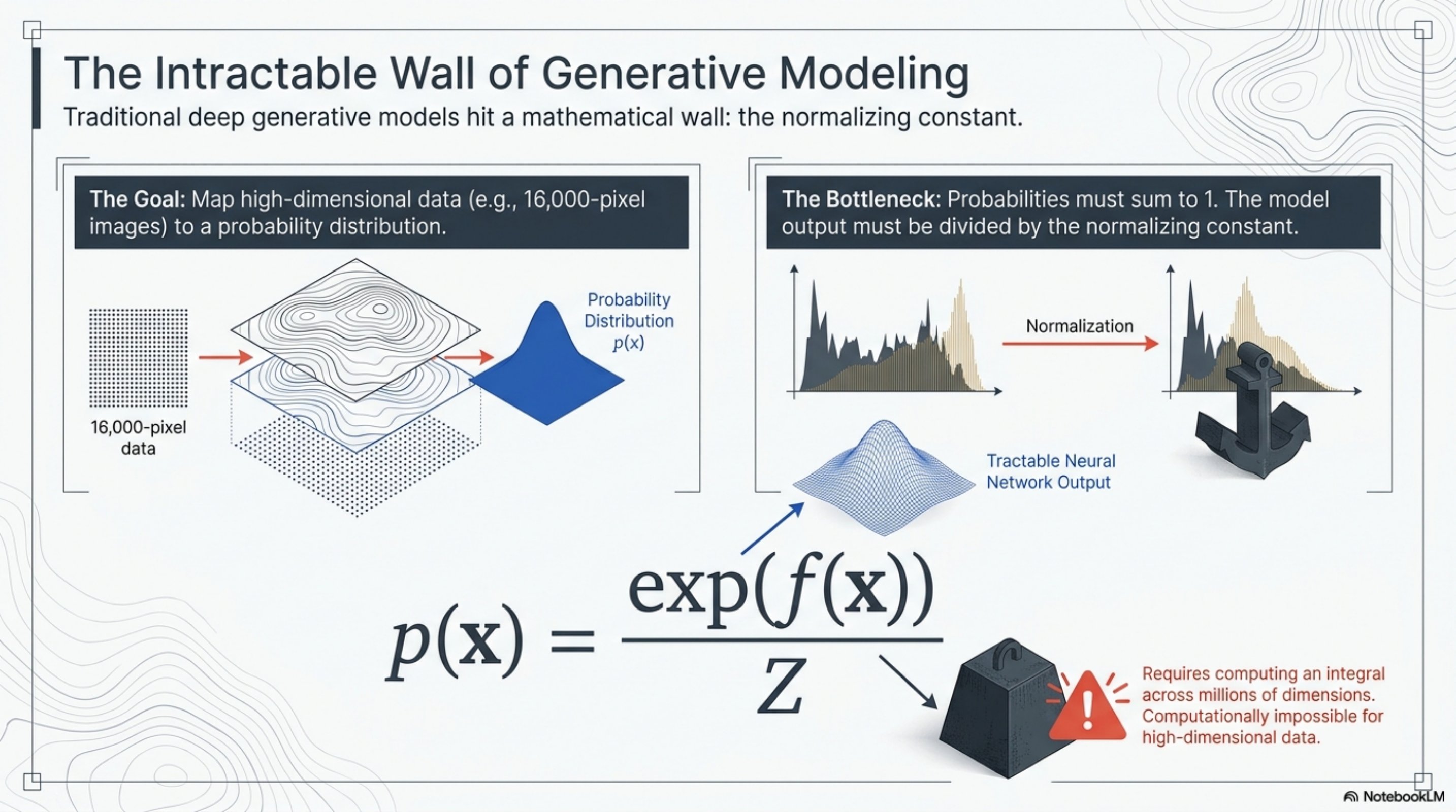 Diagram of the normalizing-constant bottleneck. Left: a 16,000-pixel image must be mapped to a probability distribution. Right: the neural network output must be divided by Z, the integral over all possible inputs, which is computationally impossible in high dimensions.
