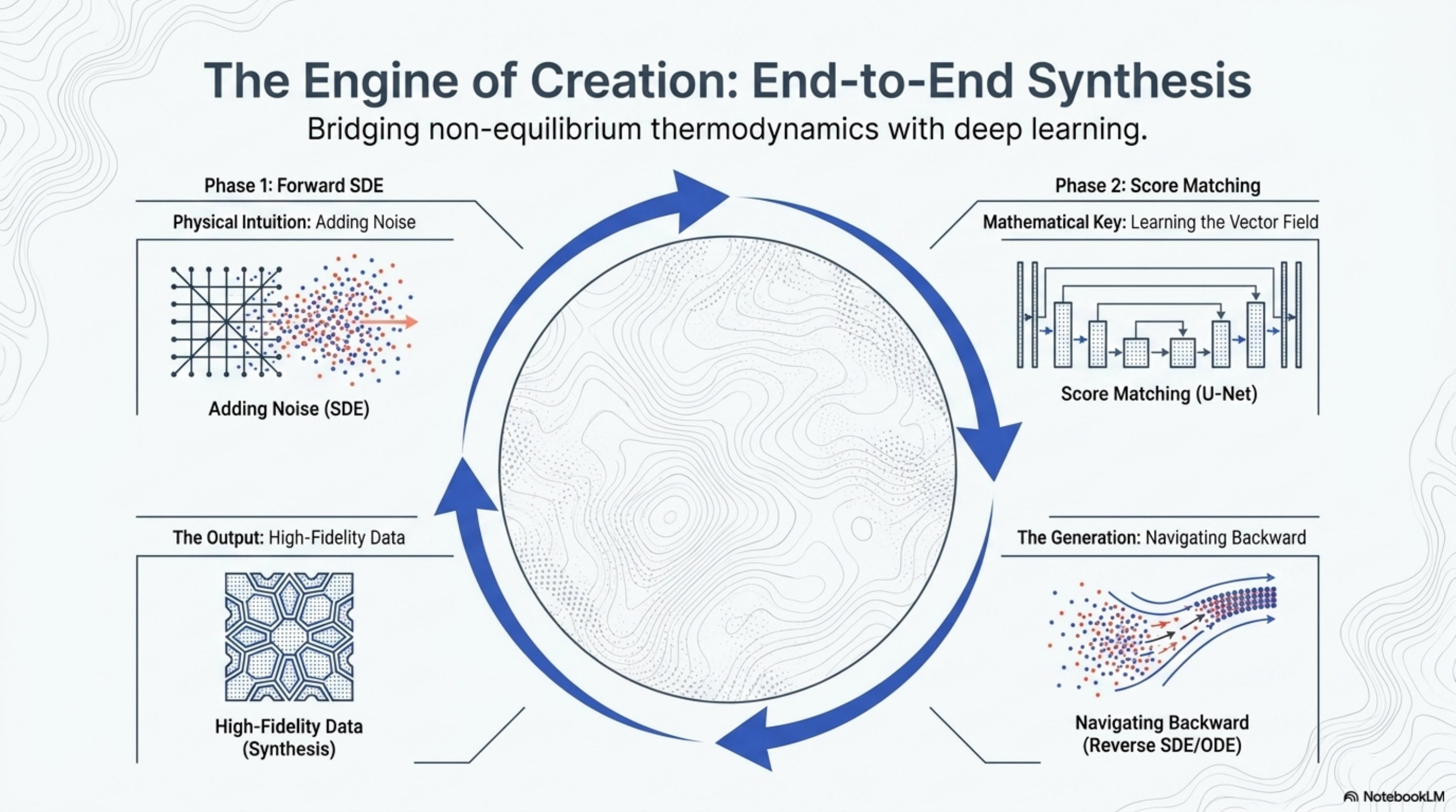 A four-quadrant cycle. Phase 1, forward SDE: clean data points are spread into noise. Phase 2, score matching: a U-Net learns the vector field of the perturbed densities. The generation phase navigates backward through the reverse SDE / ODE. The output is high-fidelity synthesized data. The cycle closes: physical intuition (non-equilibrium thermodynamics) on one side, mathematical key (learning the vector field) on the other.