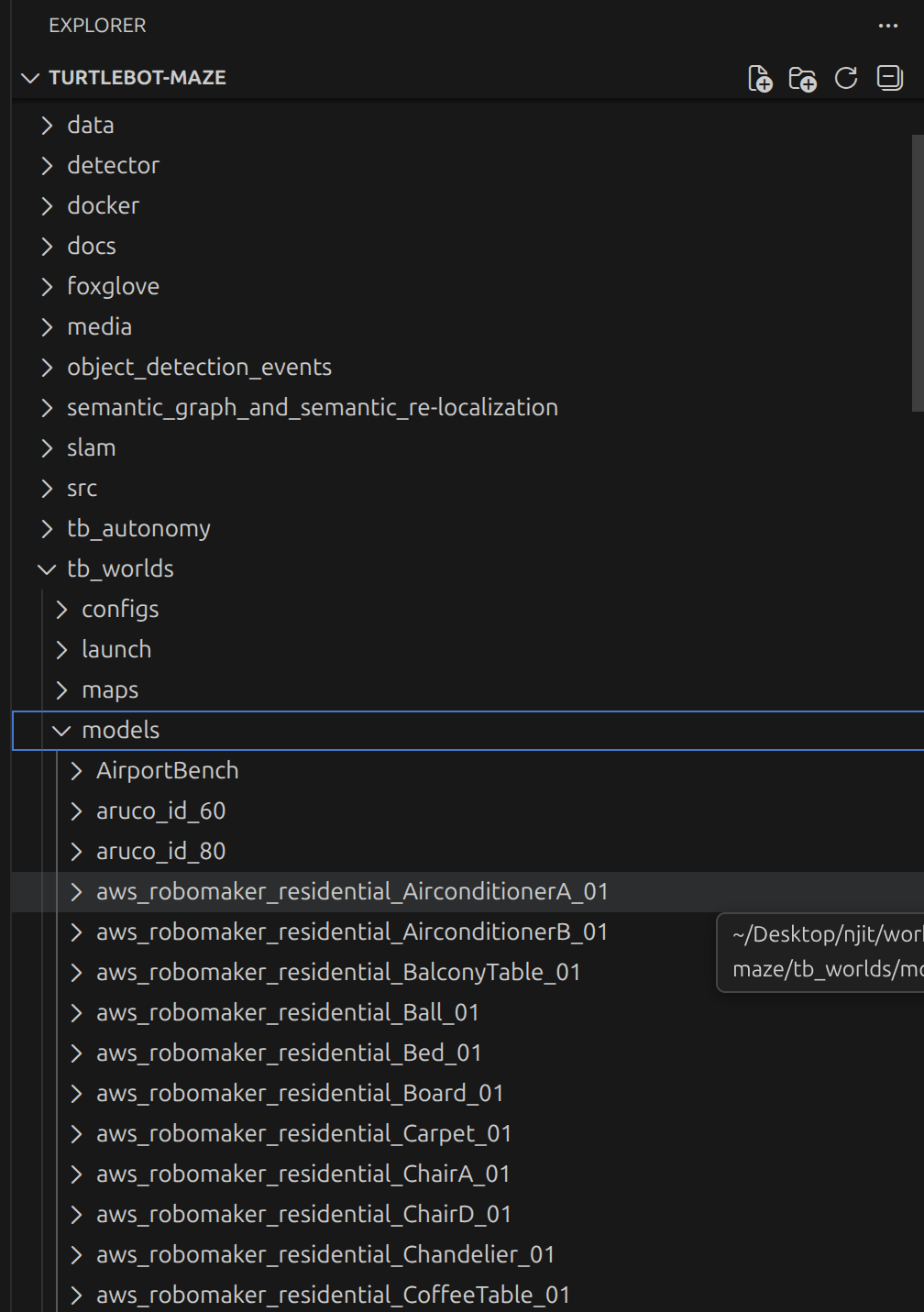 Models folder in the TurtleBot Maze workspace showing downloaded Gazebo models