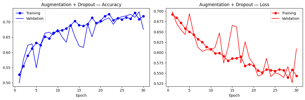 Augmented model training curves — tighter train/validation gap from data augmentation and dropout