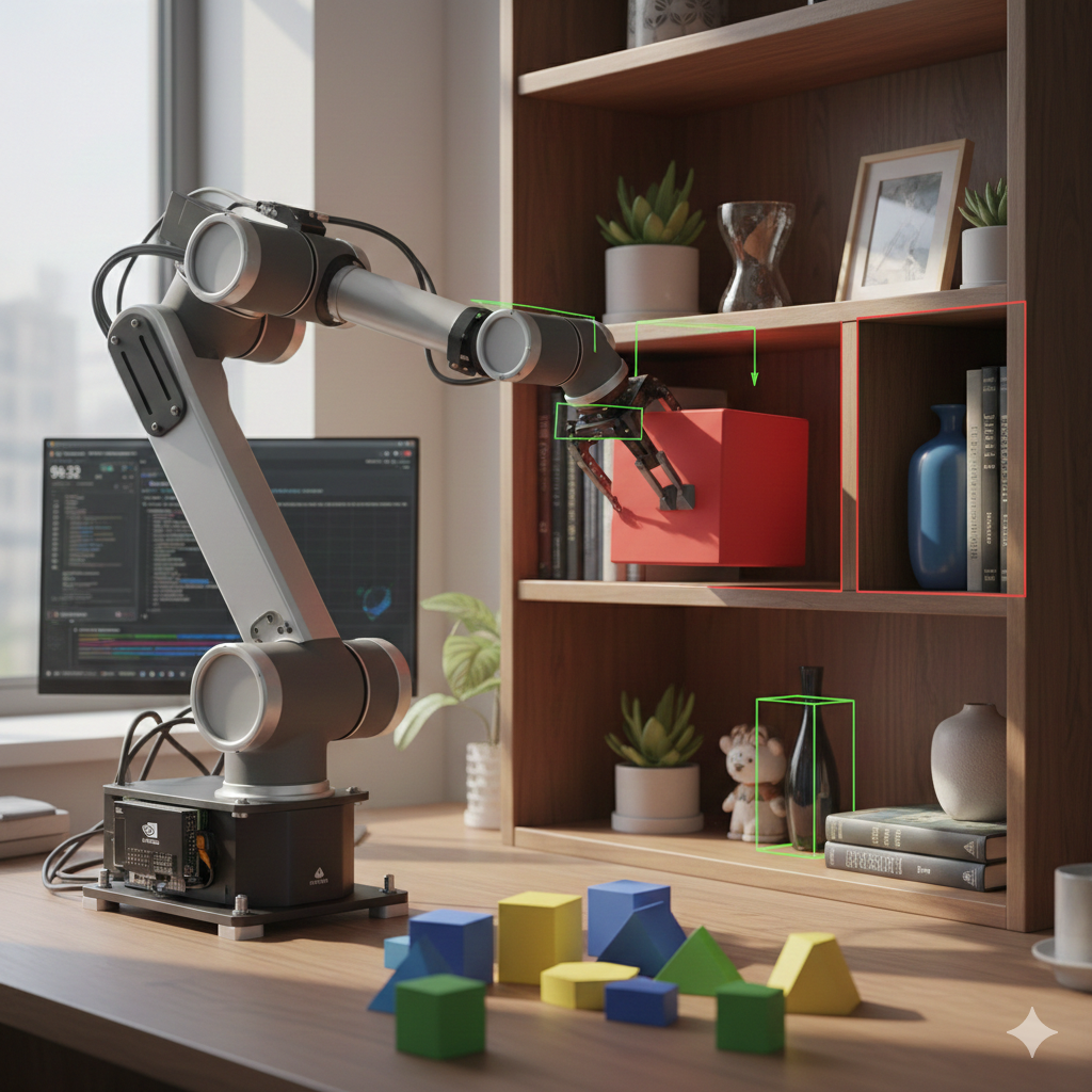 Reasoning agent placing geometric blocks on a bookshelf while avoiding existing objects