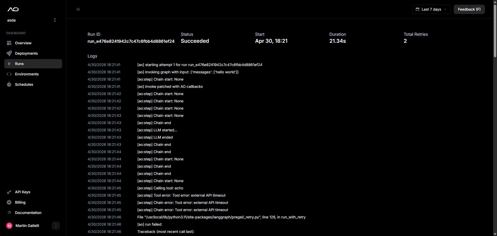 Run logs dashboard