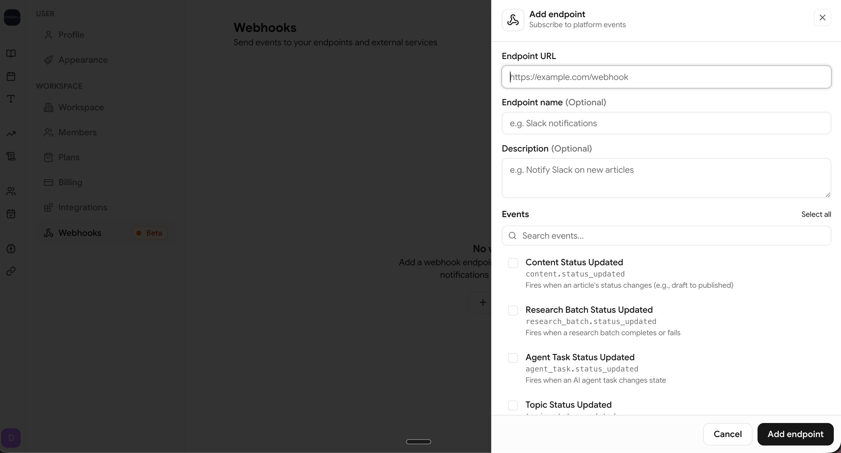 Create webhook form