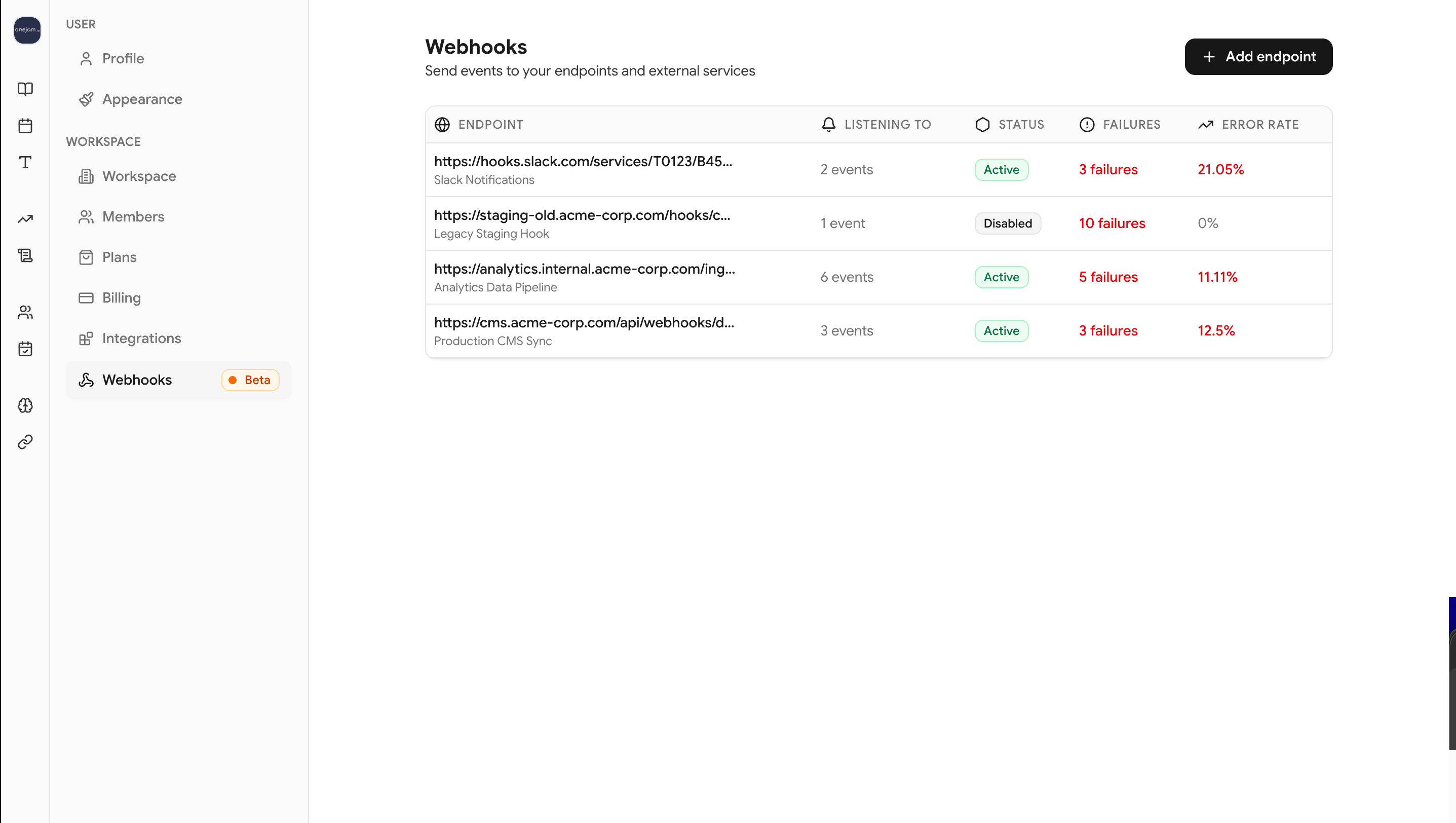 Webhook list view