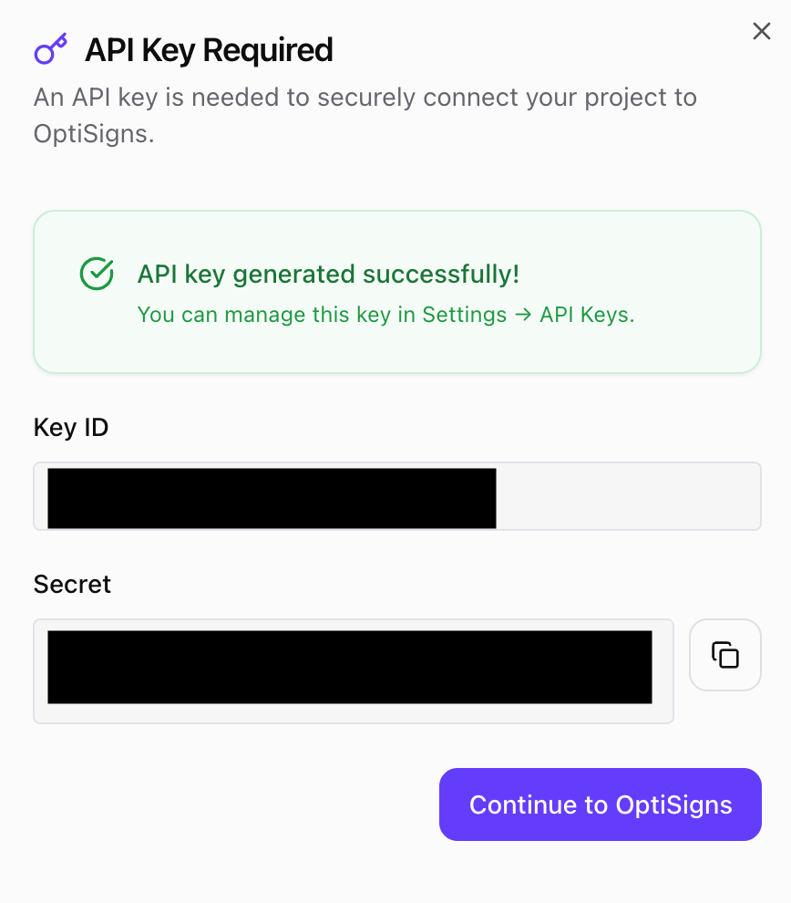 API key generated successfully modal