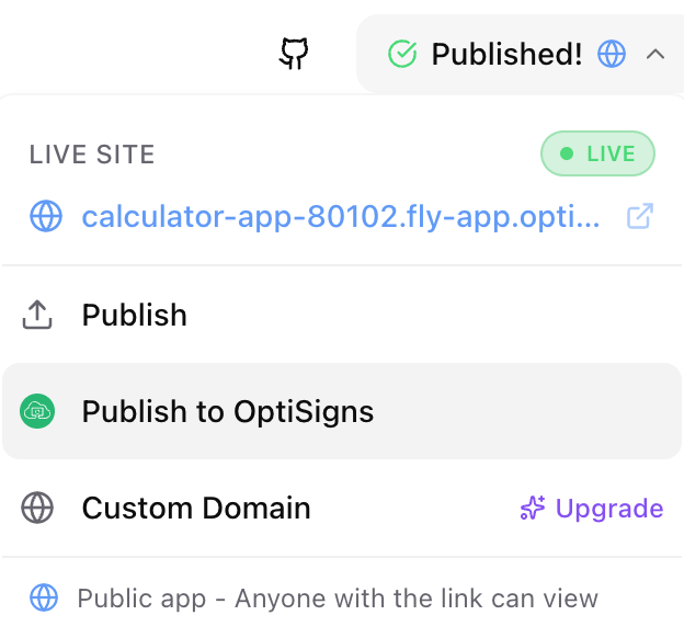 Publish dropdown showing Publish to OptiSigns option
