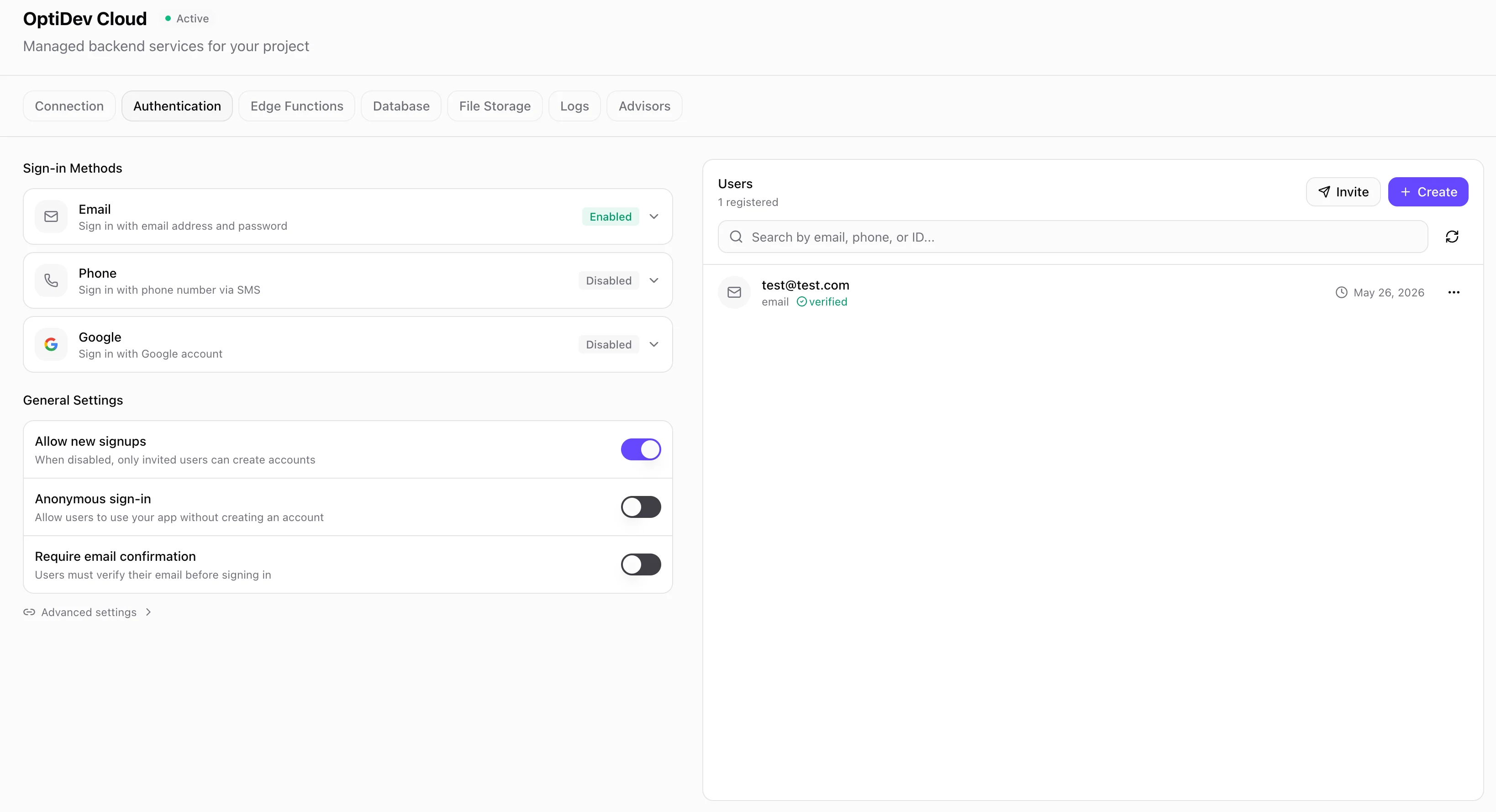Authentication tab with sign-in methods on the left and the user list on the right