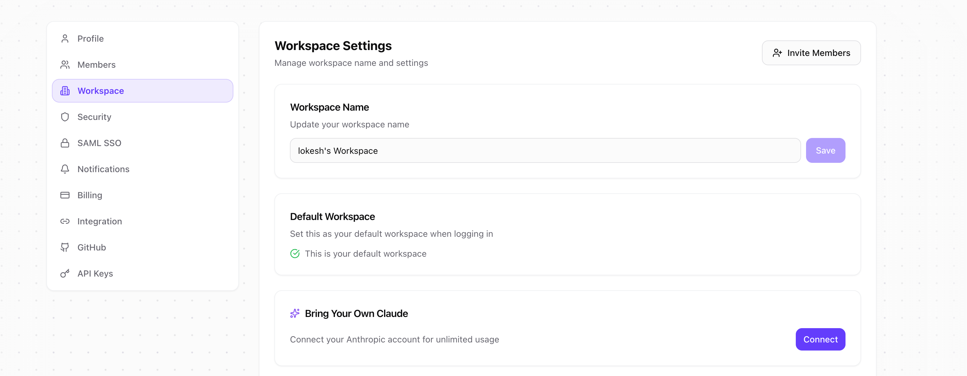 BYOC card in Workspace Settings showing Connect button