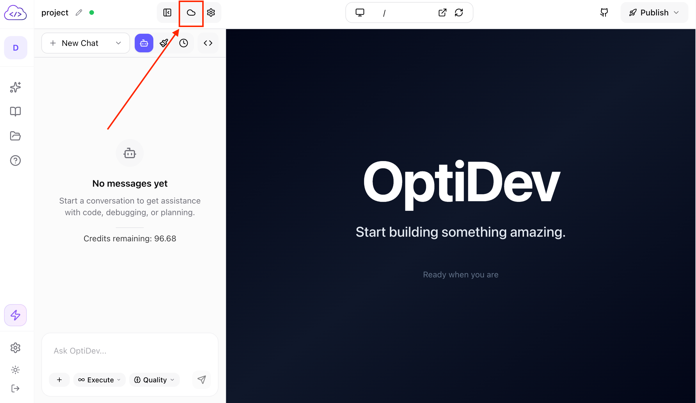 OptiDev Cloud tab in sidebar