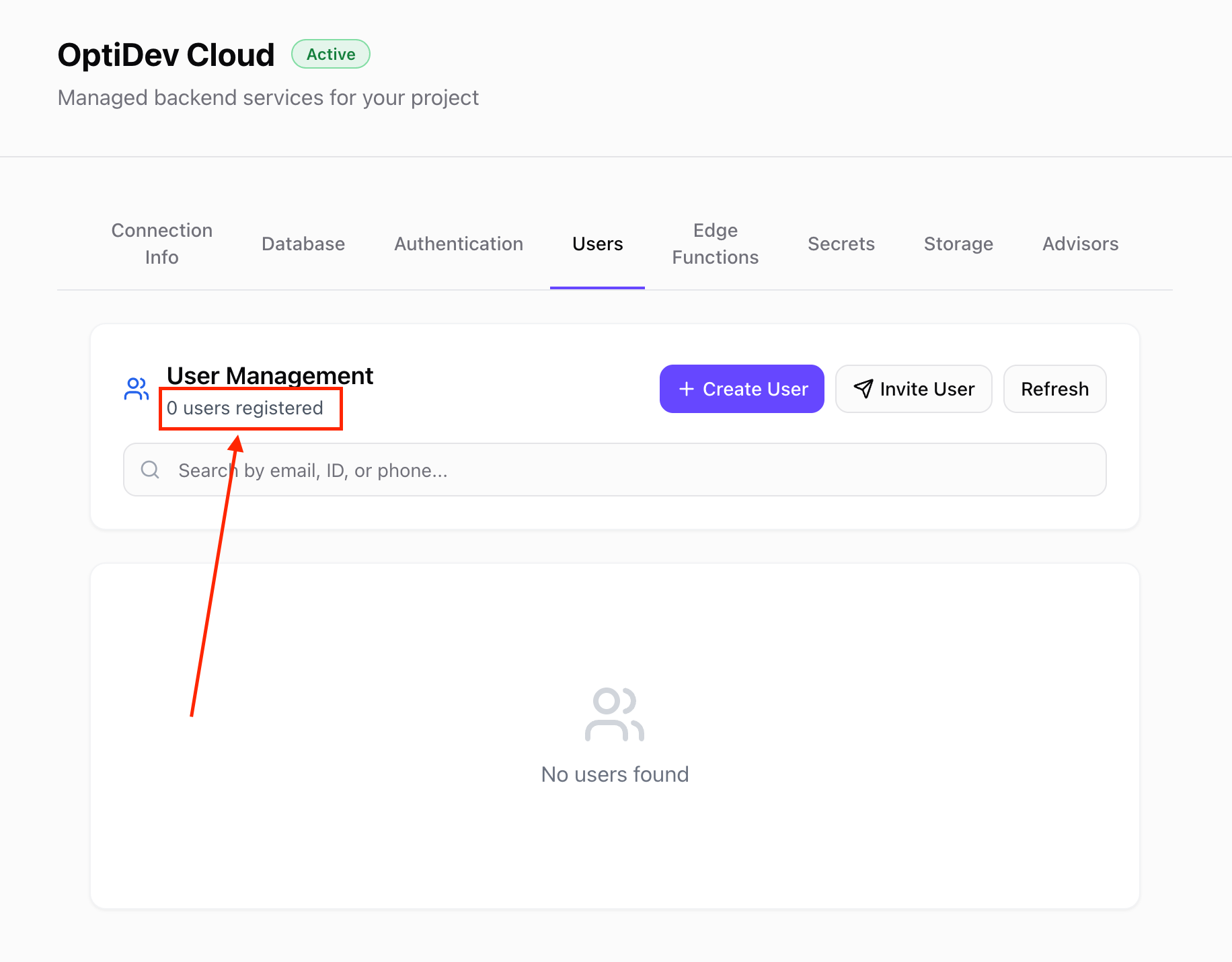 Users tab showing registered users