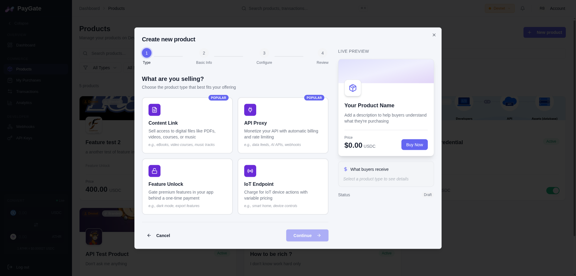 Product creation form