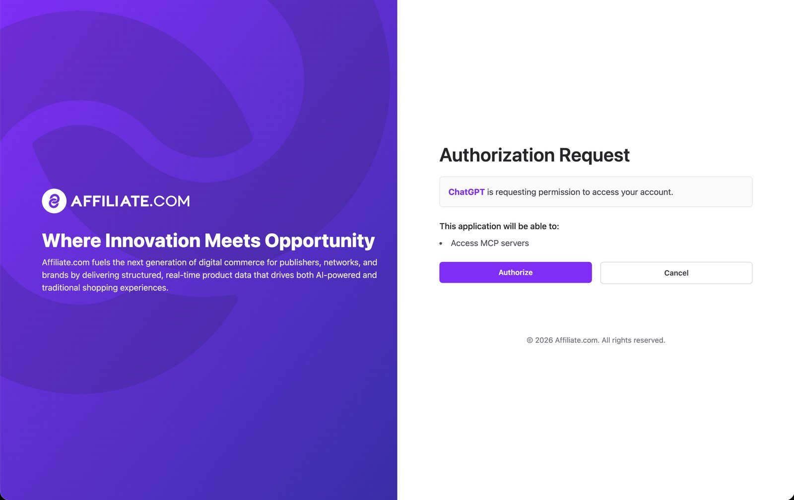Affiliate.com OAuth authorization request screen