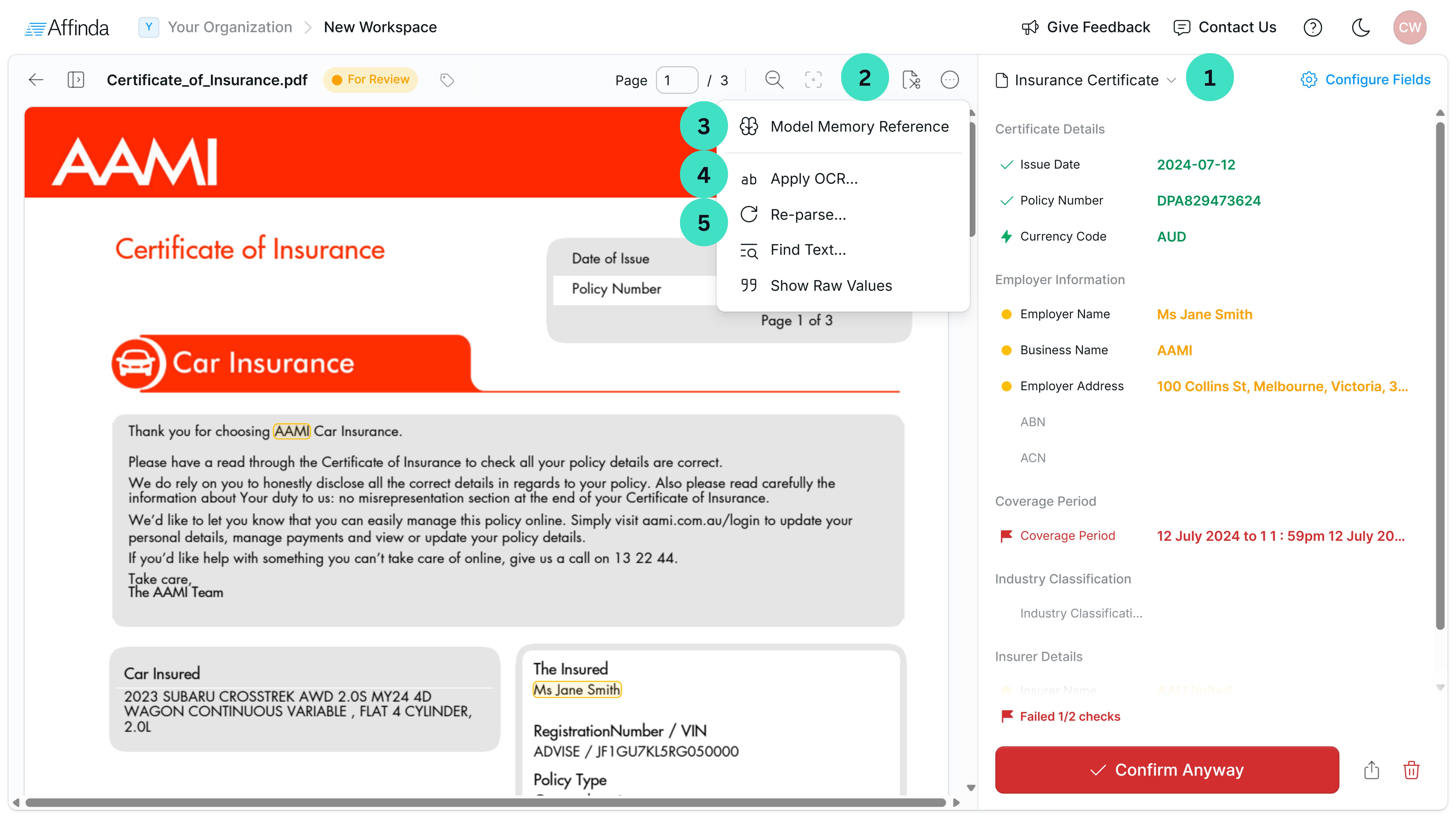Document View Validation Actions