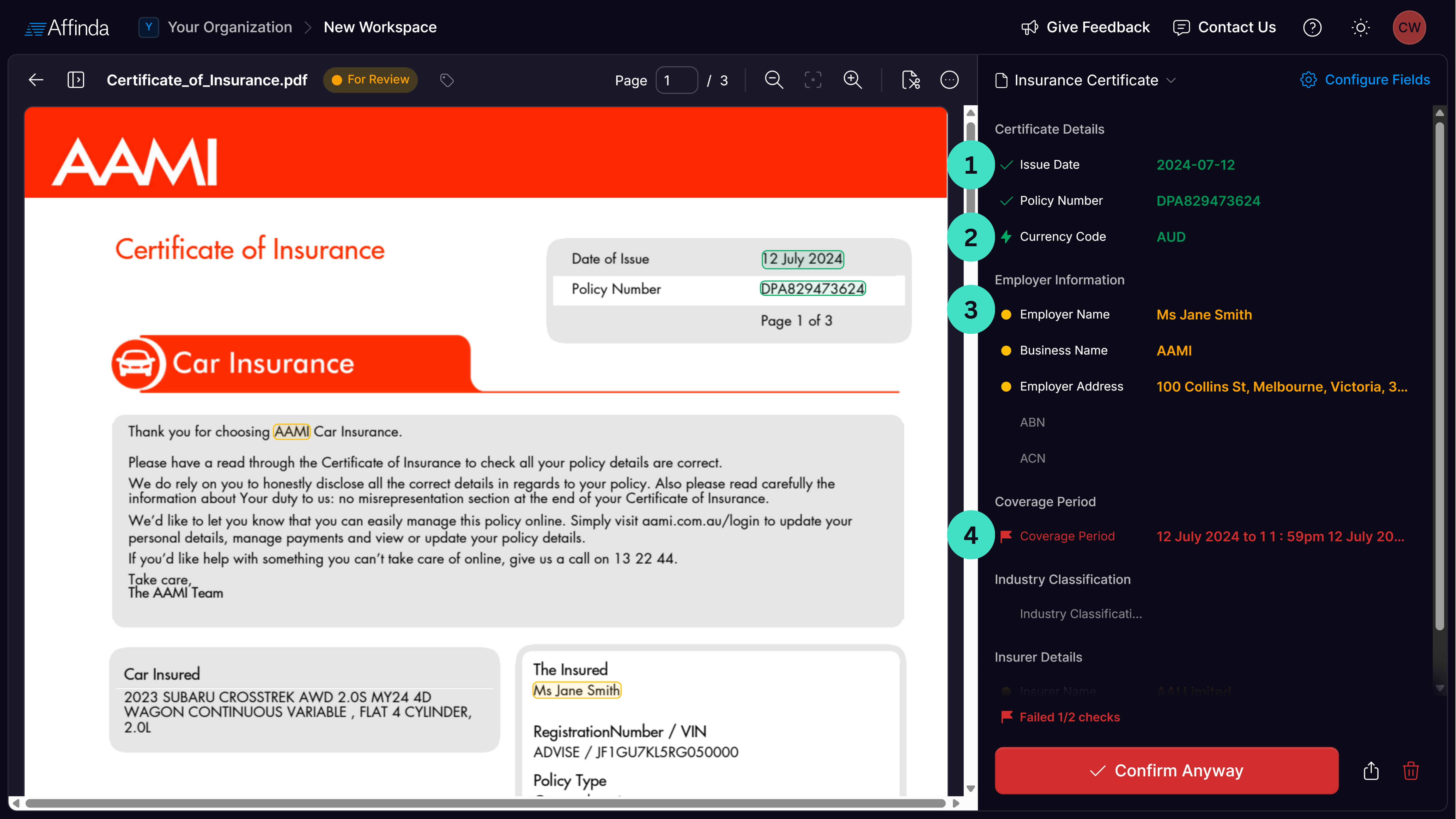Extracted Fields in document validation