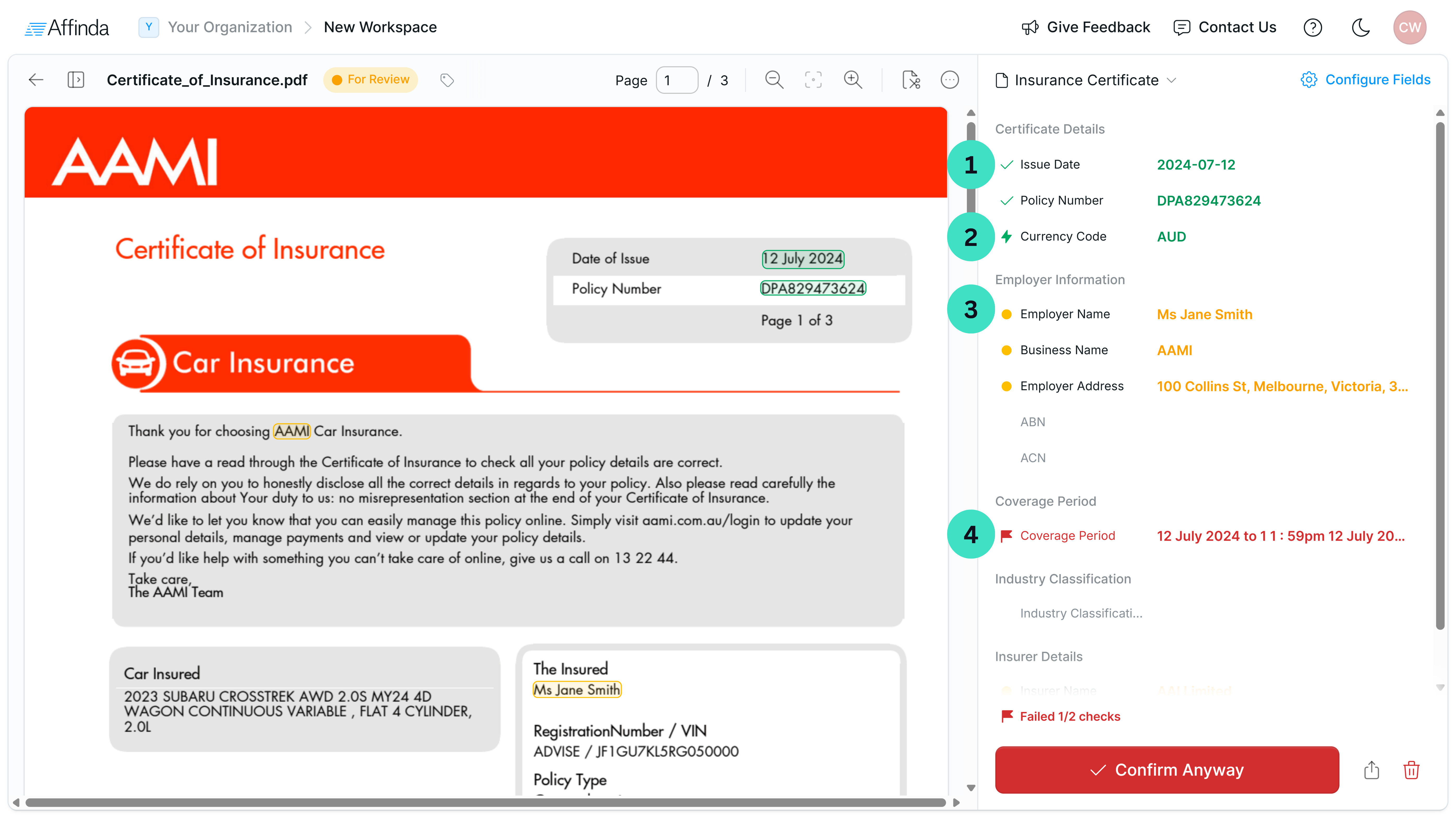 Extracted Fields in document validation