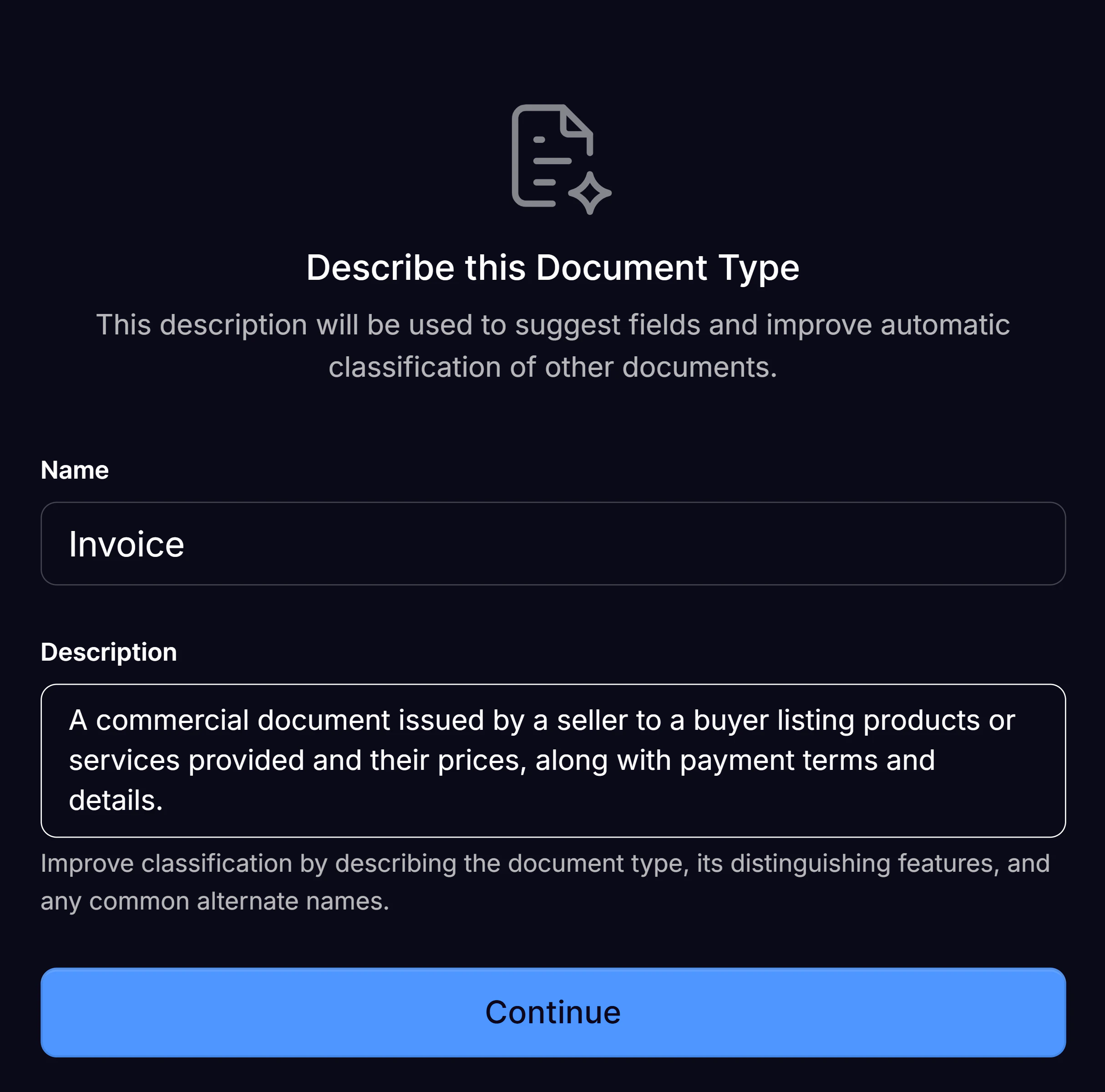 Document Type name and description