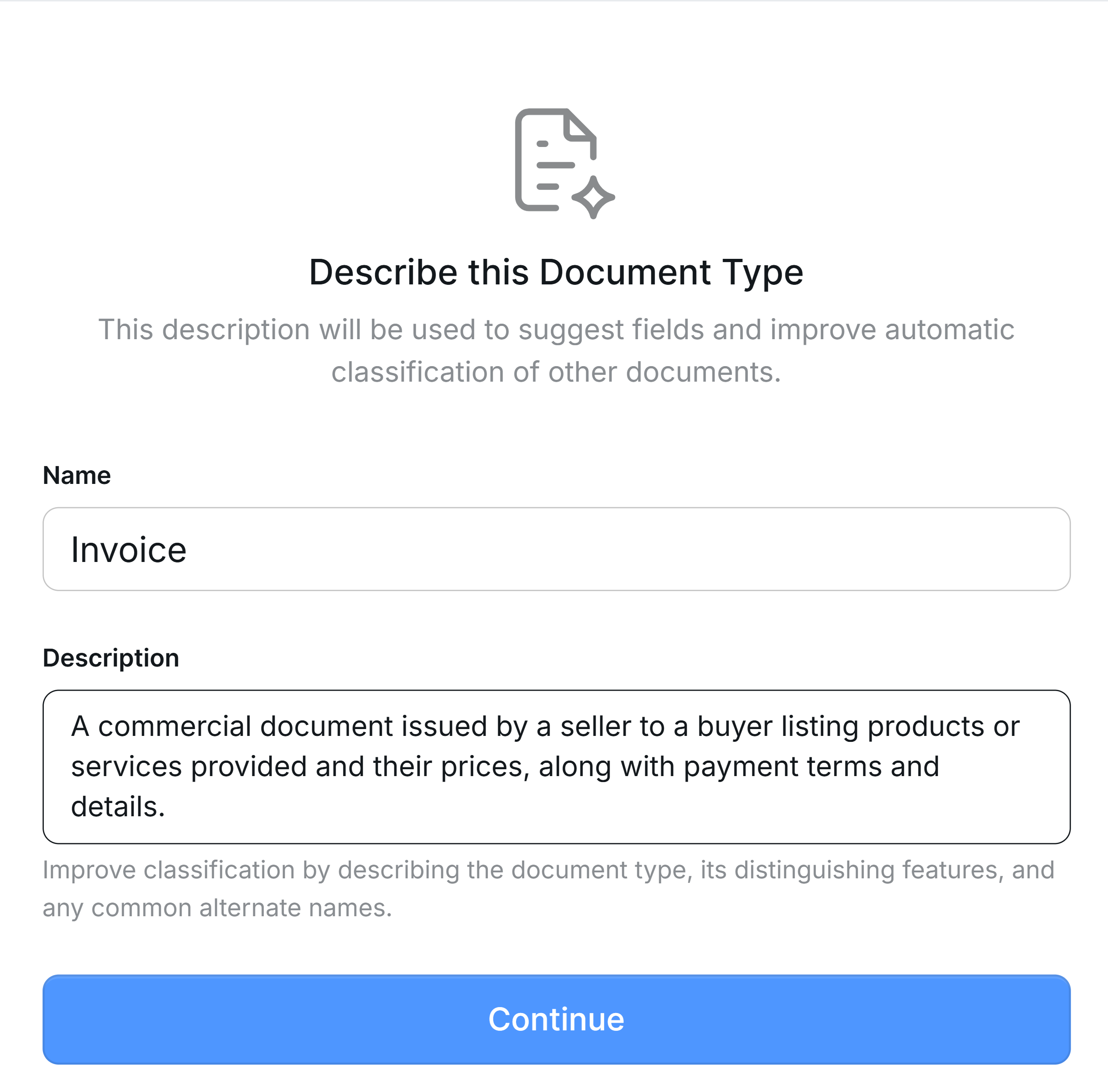 Document Type name and description