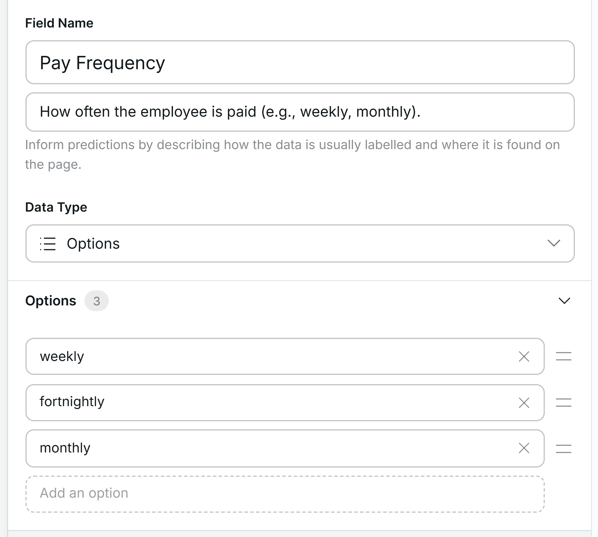 Options field configuration
