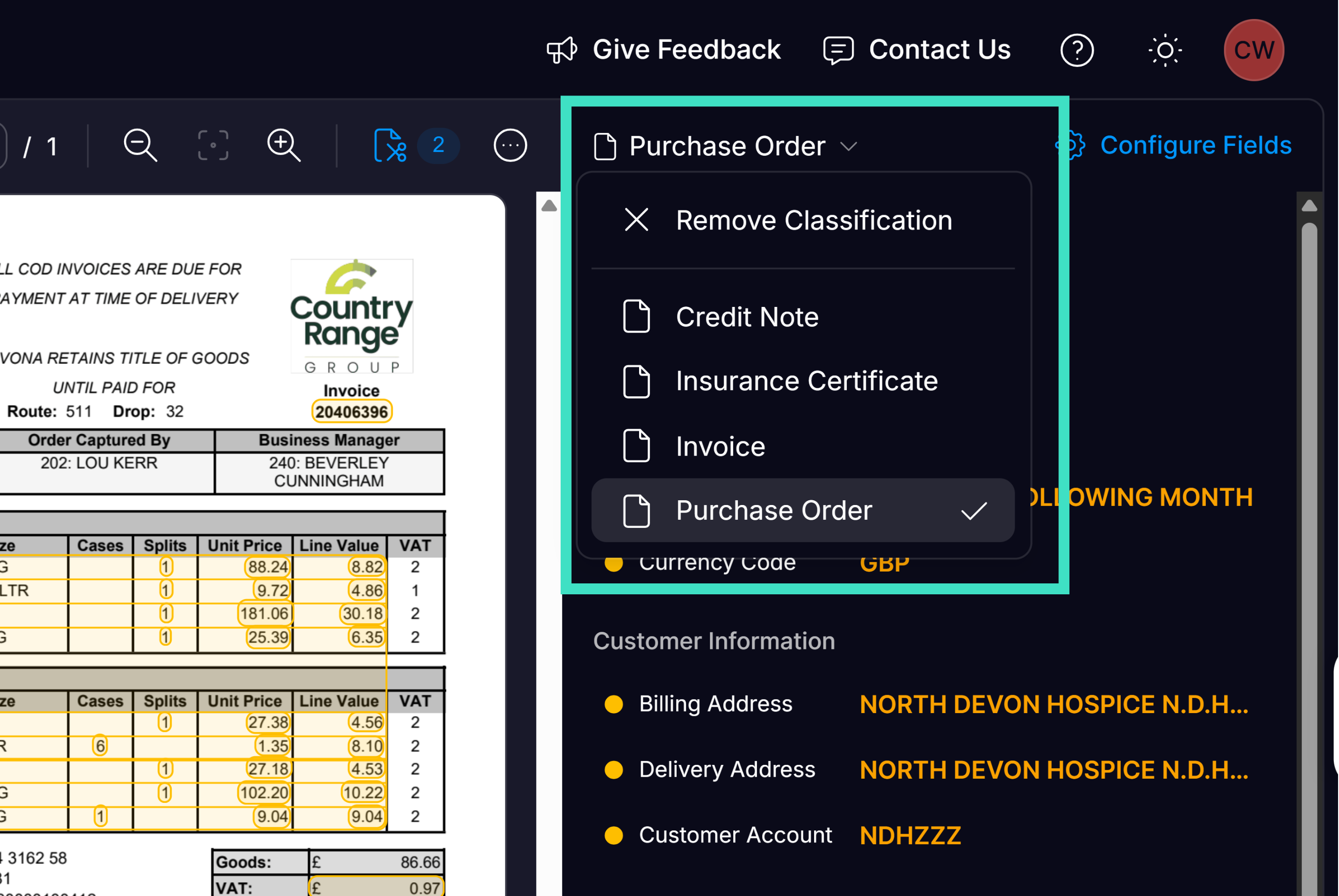 Changing the Classification in Document Validation View