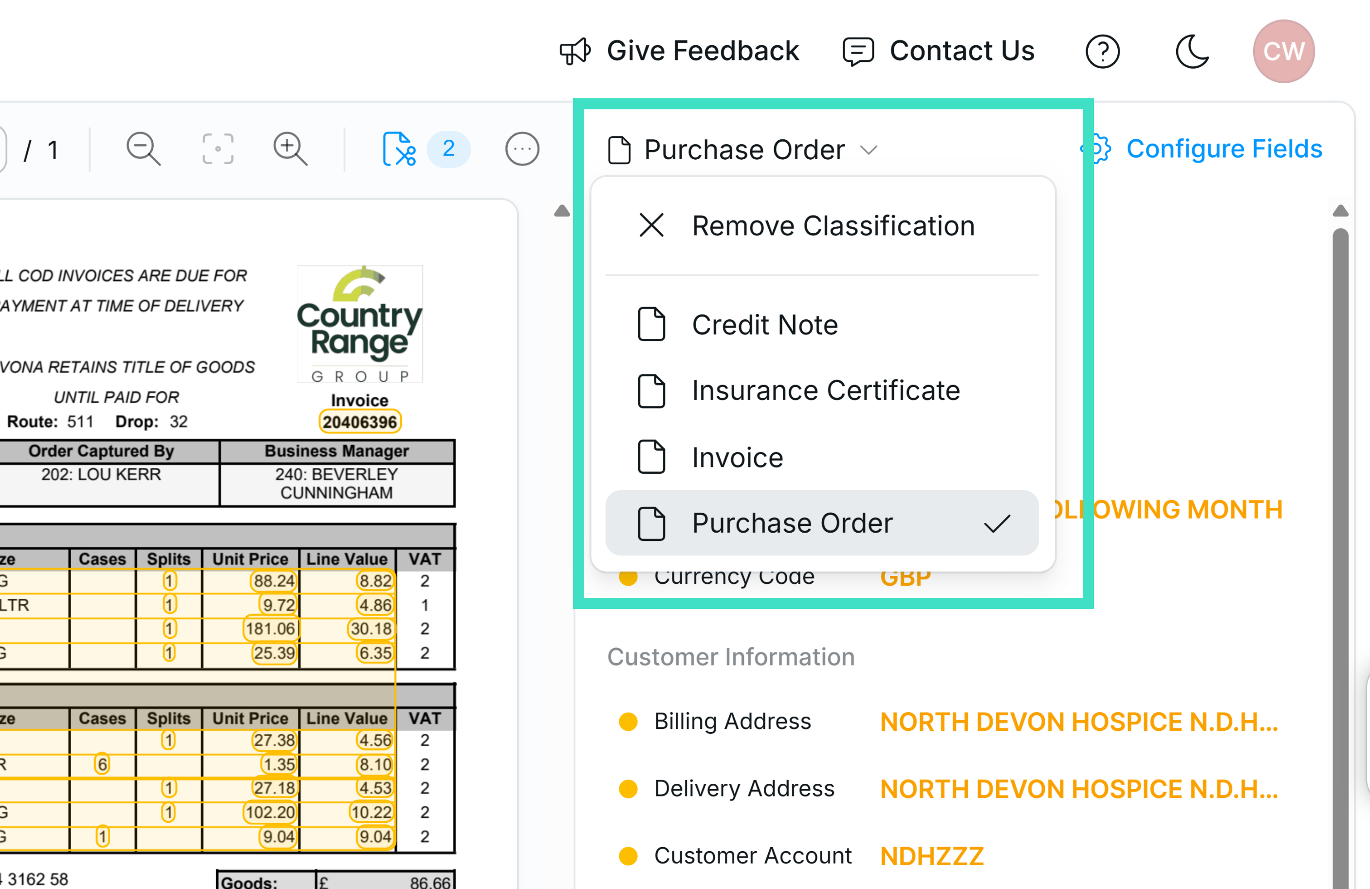 Changing the Classification in Document Validation View