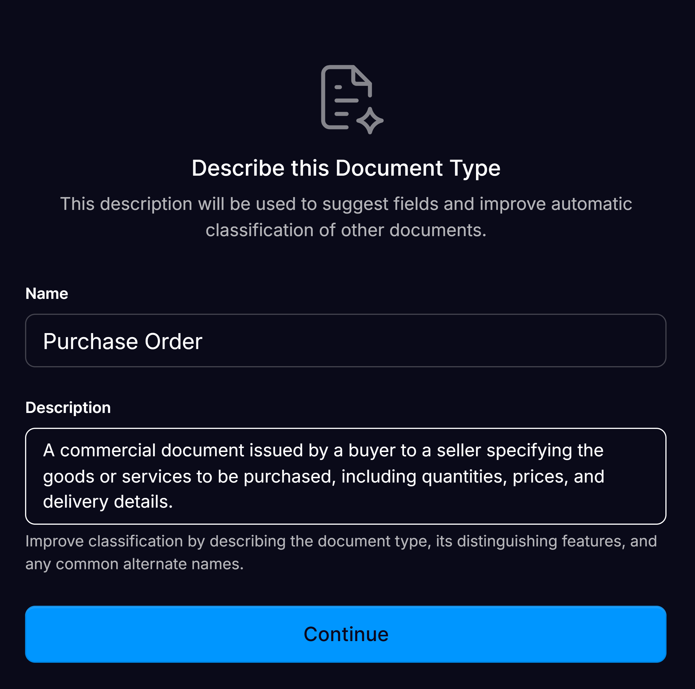 Document Type name and description