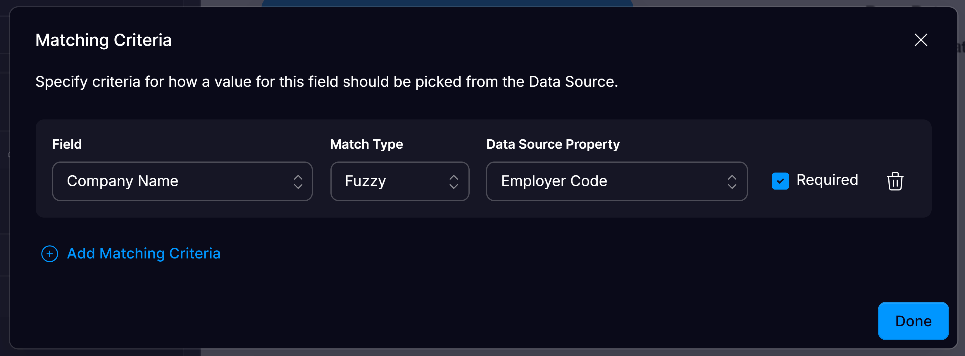 Matching Criteria dialog