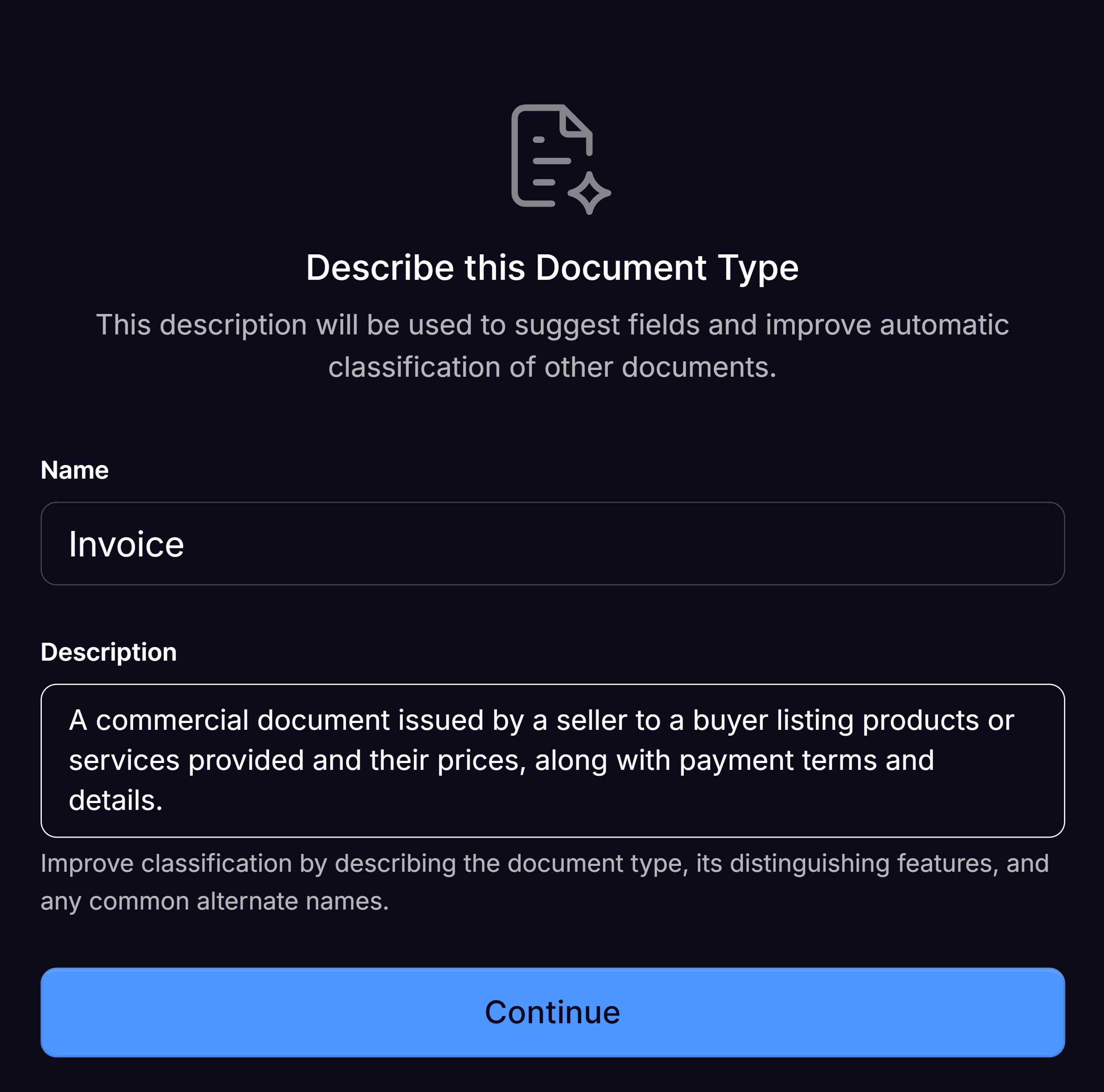 Document Type name and description