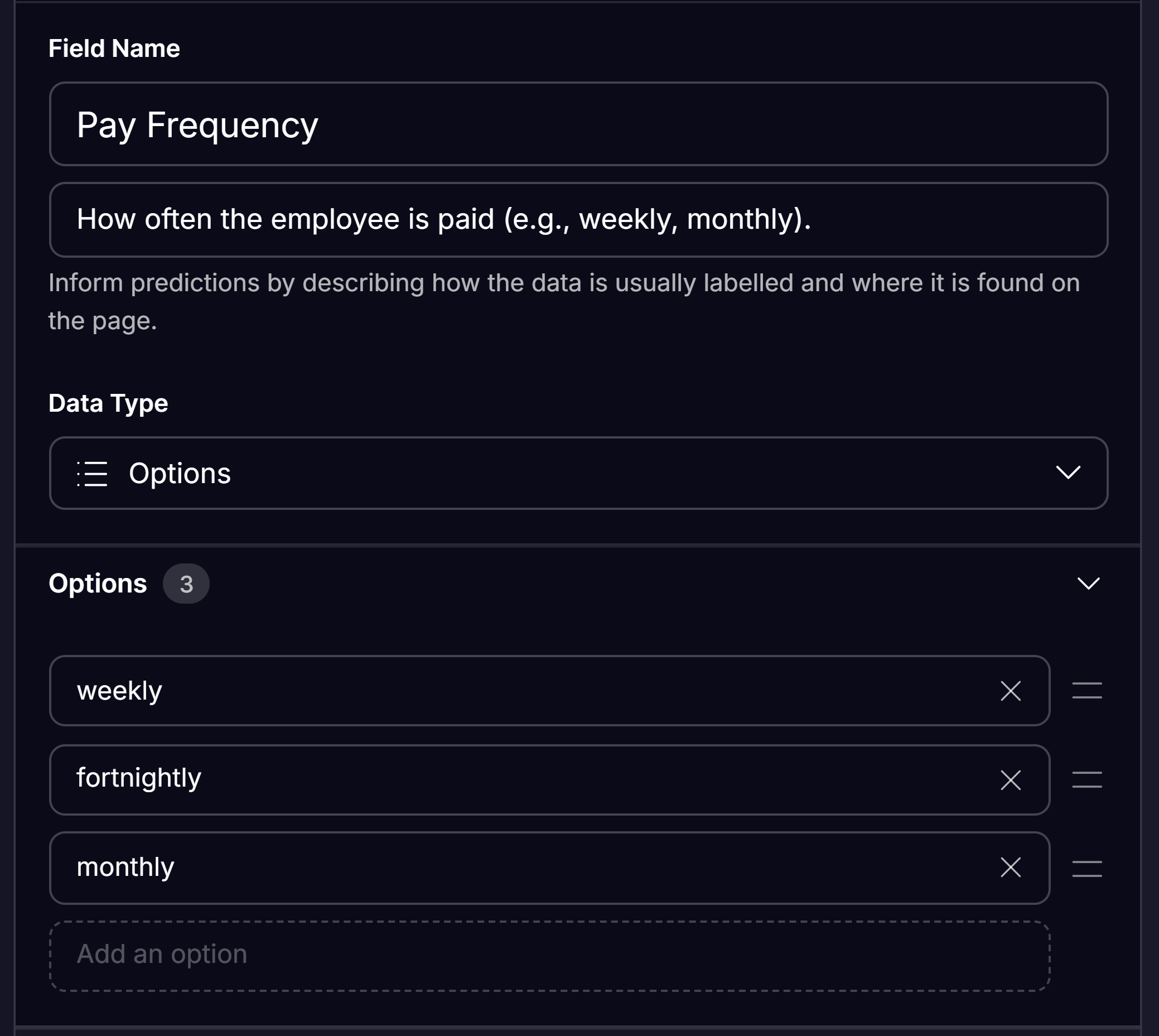 Options field configuration