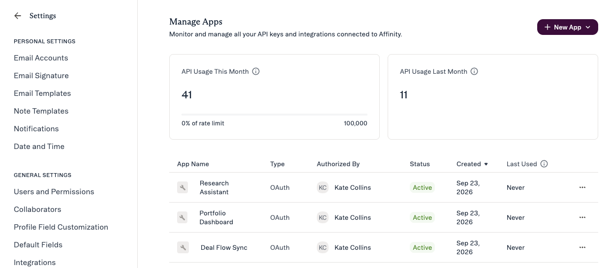 The Manage Apps settings page with the New App button