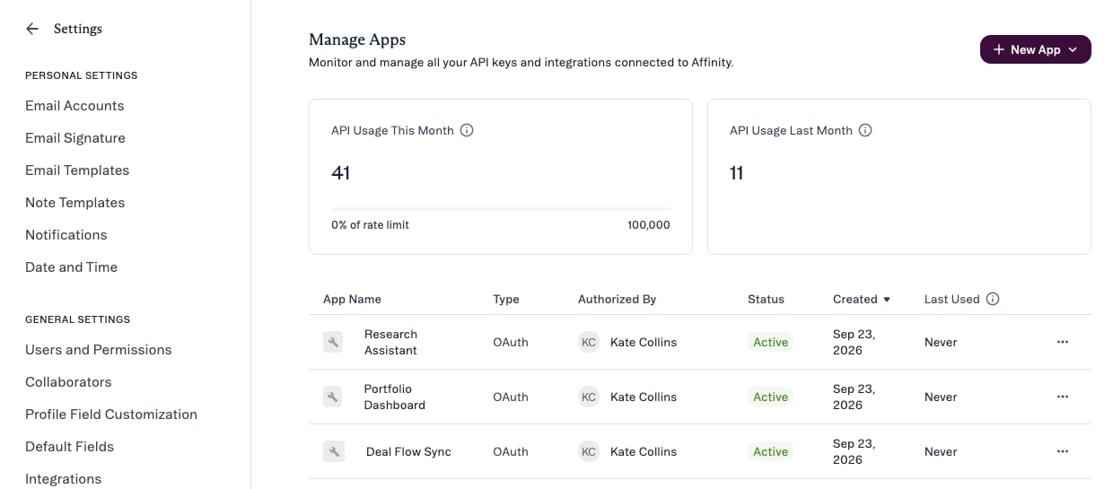 The Manage Apps settings page with the New App button
