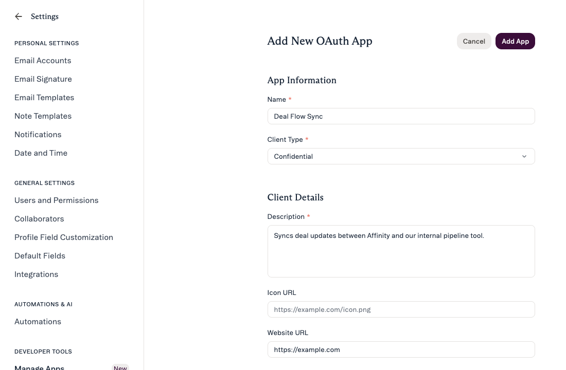 The New OAuth App form showing the name, description and client type fields