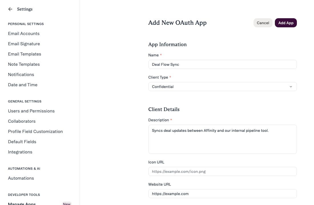 The New OAuth App form showing the name, description and client type fields