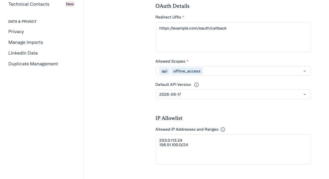 The New OAuth App form showing redirect URIs, allowed scopes and the IP allowlist