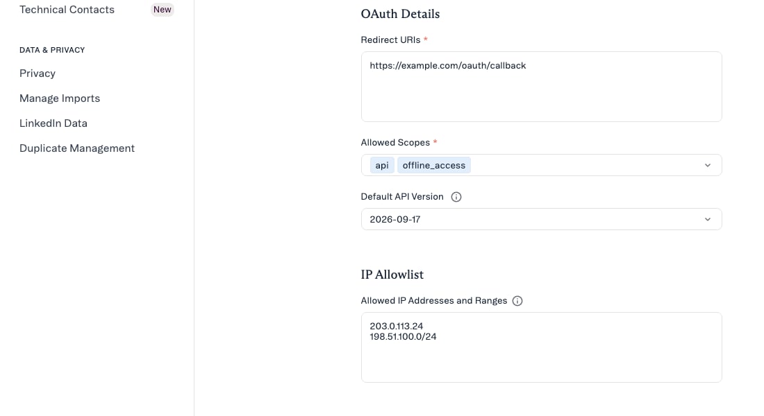 The New OAuth App form showing redirect URIs, allowed scopes and the IP allowlist