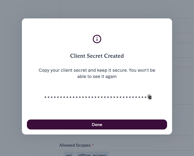 The Client Secret Created dialog with a copy button