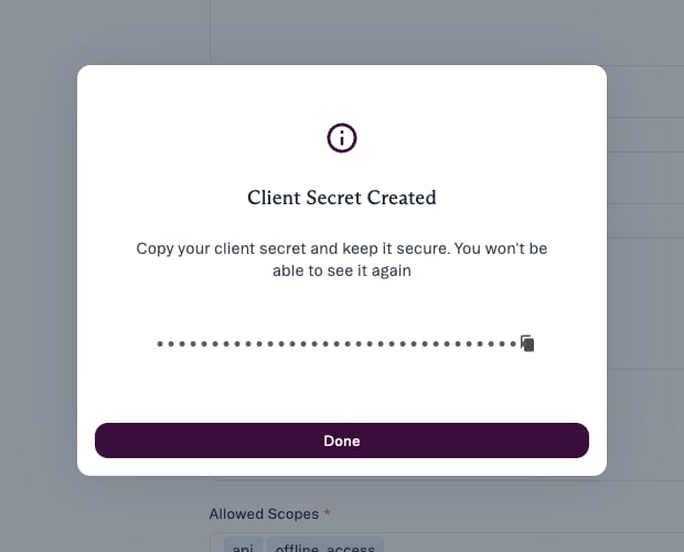 The Client Secret Created dialog with a copy button